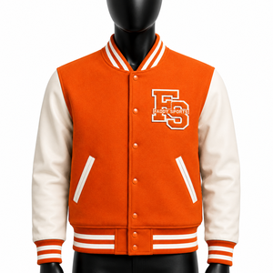 Veste universitaire en laine de haute qualité personnalisée pour hommes et femmes, orange, broderie vintage, patch, veste de baseball, veste bomber, streetwear - Product Image 3