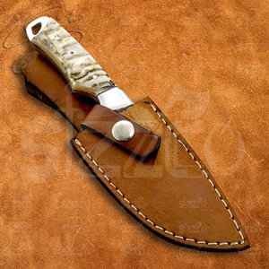 Cuchillo de caza y camping hecho a mano con hoja grabada de punta caída, mango de cuerno de carnero, acero D2, cuchillo utilitario OEM EDC con funda de cuero - Product Image 6