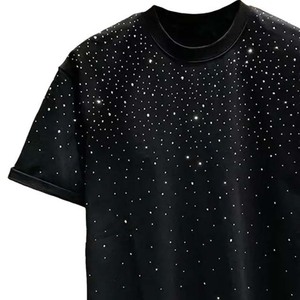 เสื้อยืดผู้ชายแขนสั้นพิมพ์ลายสีดำขนาดใหญ่ประดับเพชรเทียม คอทรงโอ สไตล์ลำลอง ผ้าถัก - Product Image 5