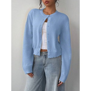 <b>Women's</b> <b>Cropped</b> <b>Cardigan</b> Long Sleeve O-Neck Button Front Knit Sweater Casual Winter Wear 100% Acrylic Flat Knitted - Product Image 4