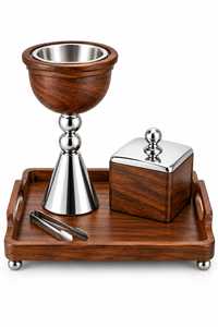 Arabic Bukhoor Holder with Serving Tray and Storage Container Solid Wood and <b>Silver</b> Finish Incense <b>Burner</b> for Oud Chips - Product Image 5