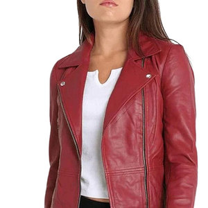 Veste moto en cuir PU rouge pour femme, manches longues, fermeture éclair, col montant, couleur unie, style automne - Product Image 1