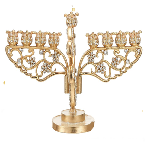 Ornate crystal-studded gold Hanukkah menorah. Elegant festive design. Available at wholesale price. - Product Image 1