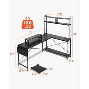 Bureau de jeu en forme de L réversible de 67 pouces avec fonction de massage, table PC moderne avec support pour écran - Product Image 2
