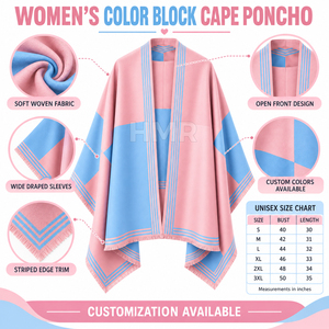 Poncho en tricot acrylique décontracté HMR Sorority Sisterhood, toutes saisons, rose et bleu, avec bordure à franges et blocs de couleur - Product Image 6