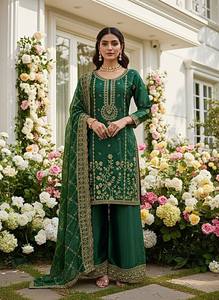 Green Silk Embroidered Traditional Indian Pakistani <b>Wedding</b> <b>Suit</b> <b>Women</b> Floor-Length Regular Fit Stretchable Ethnic Wear - Product Image 2