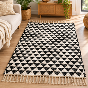 <b>Black</b> White Geometric Cotton Handwoven Rug Modern Boho Flat Weave Carpet with Tassels for Living Room Bedroom Decor - Product Image 1