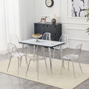 Set da Pranzo con Texture Imitazione Marmo Bianco, Piano in Vetro, Base in MDF Nero, Gambe Affusolate in Metallo Argento, Tavolo e Sedie Incluse - Product Image 2