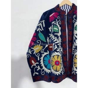Blue Velvet Jacket <b>Coat</b> Uzbek Embroidery Jacket With Inside Cotton Lining Boho Chic Jacket Women's Casual Jacket - Product Image 3