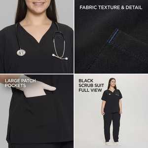 Ensemble de blouses médicales pour femmes, haut noir à col en V avec poches, pantalon à cordon, uniformes d'hôpital, tissu tissé en coton et polyester - Product Image 3