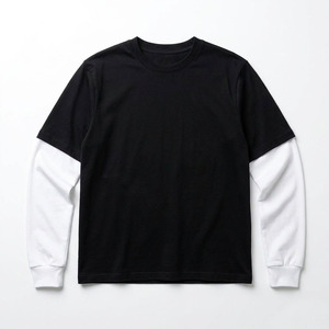 Men's Black Short Sleeve <b>T</b>-<b>Shirt</b> With <b>White</b> Long Sleeve Layer O-Neck Regular <b>Fit</b> Casual Knitted 100% Cotton Contrast Trim Tee - Product Image 1
