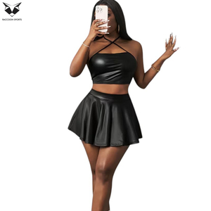 Halter Neck Fully Customized Women's Club Wear 2 Piece PU <b>Leather</b> Set-High Quality Quick Dry & Durable OEM Service - Product Image 5