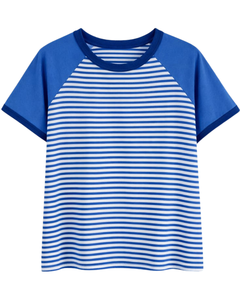T-shirt Raglan Rayé Bleu et Blanc Personnalisé pour Homme en Coton, Décontracté d'Été, Manches Contrastantes, Col Rond – Fournisseur et Fabricant OEM - Product Image 1