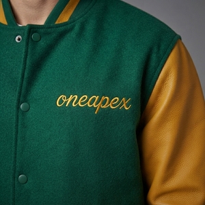 Men's Green Wool <b>Jacket</b> Golden Leather Sleeves Custom Logo Rib Collar Cuffs Snap Front Premium Streetwear Bomber Outerwear Style - Product Image 4