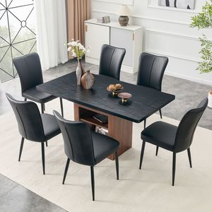 Tavolo da Pranzo Espandibile 59-71 Pollici con Funzione Estraibile Abbinato a 6 Sedie Nere in PU Design a Righe Verticali Set Sala da Pranzo - Product Image 1