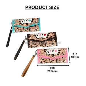 Portefeuille long de luxe 2026 en cuir véritable fait main, motif floral, design jeu de cartes, pochette vintage avec dragonne amovible pour femme - Product Image 2
