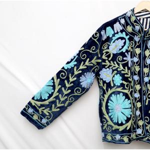 Multi Floral Embroidery Pattern Velvet <b>Jacket</b> Mandarin Collar Regular <b>Sleeve</b> <b>Short</b> Length Unisex Eco-Friendly Breathable - Product Image 5