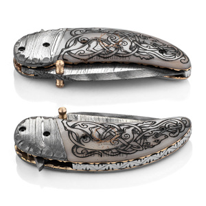 Couteau pliant personnalisé en acier Damas - Manche en os de chameau gravé au laser - Motif Celtic Hound - Qualité industrielle pour le camping et la chasse - Product Image 6