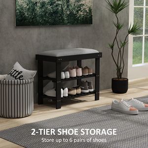 Panca Portascarpe Moderna a 3 Ripiani in Bambù con Cuscino Nero, Organizzatore per Ingresso e Corridoio - Product Image 5