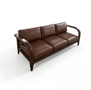 Brown Faux Leather Three Seat Sofa with Padded Arms Foam Modern Design Solid <b>Oak</b> <b>Frame</b> for Living Room - Product Image 1