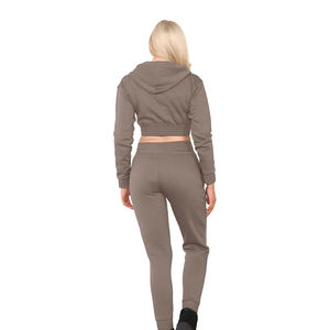 Women <b>Brown</b> Cropped Hoodie <b>Jogger</b> Pants Set Casual Athletic Sportswear Workout Outfit Full Length 100% Cotton Winter Wear - Product Image 4