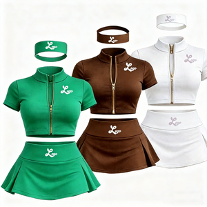 Ensemble de sport 3 pièces personnalisé pour femme, col halter, en toile, avec veste de yoga à manches courtes et fermeture éclair dorée, longueur au-dessus du genou - Product Image 1