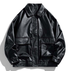 Veste en cuir véritable et toile pour homme, style hiver, en cuir de vachette uni, avec fermeture éclair, col montant, style urbain - Product Image 1