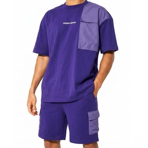 Conjunto Deportivo de Primera Calidad con Bolsillos Tipo Cargo en Color Morado, Camiseta de Algodón Extra Grande para Hombre y Pantalones Cortos Casuales de Verano - Product Image 1