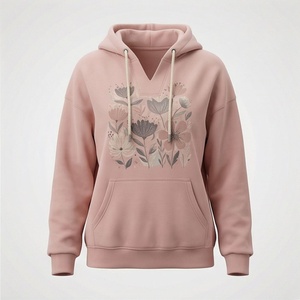 Sweat à capuche rose à fleurs pour femme en coton et bambou tricoté, manches longues, décontracté, pour le printemps, avec poches avant - Product Image 1