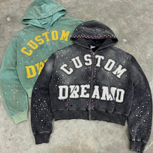 Sudadera con capucha oversize para hombre, estilo streetwear, con letras aplicadas y bordadas, efecto desgastado por pulverización, lavado enzimático, cremallera con pedrería - Product Image 1