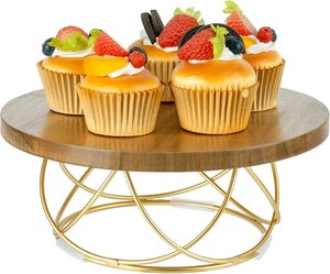 Support à gâteau décoratif en bois de manguier avec base en métal doré, réutilisable pour la présentation de desserts lors de fêtes, buffets et mariages. - Product Image 6