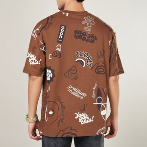 เสื้อยืดคอกลมแขนสั้นสีน้ำตาลทรงโอเวอร์ไซส์สำหรับผู้ชาย พิมพ์ลายตัวอักษร สไตล์สตรีท ผ้าคอตตอนเจอร์ซีย์ ทรงพอดีตัว - Product Image 2