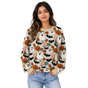 Sudadera de cuello redondo con estampado completo de Halloween para mujer, de algodón y forro polar, para otoño e invierno, estilo casual y urbano, OEM ODM - Product Image 1