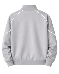 Ensemble de survêtement gris clair personnalisé pour homme, veste zippée intégrale et pantalon de jogging avec passepoil blanc, fabricant de vêtements de sport sur mesure OEM - Product Image 5