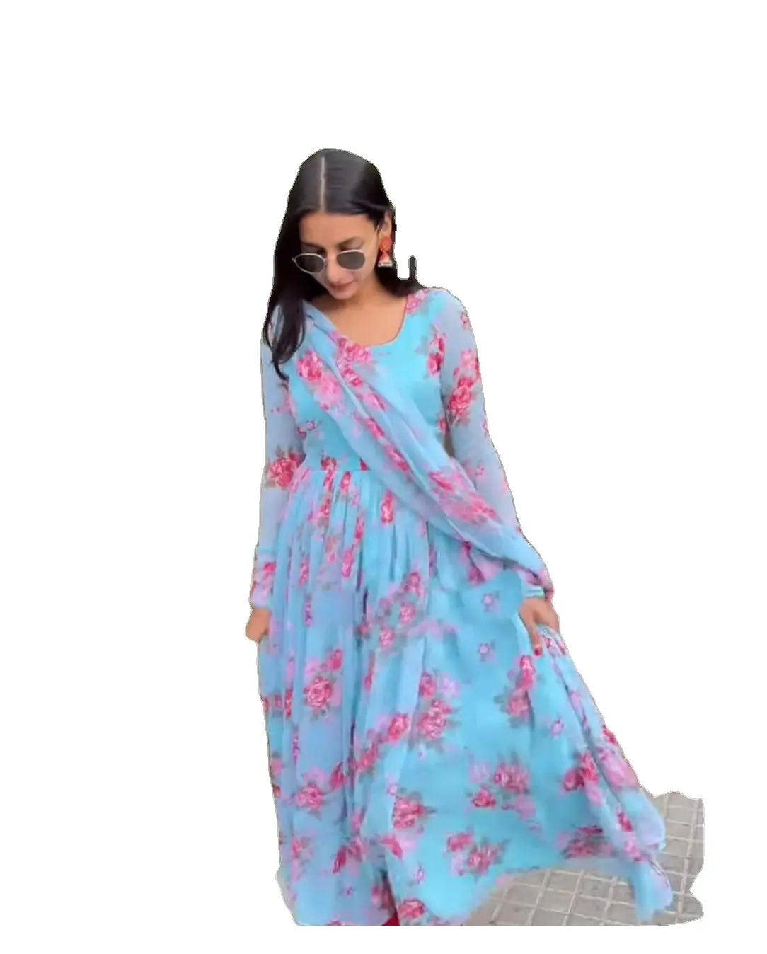 Baju Pesta Desain Panjang Wanita, Baju Kurung India Lengan Panjang dengan Dupatta