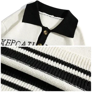 Factory Custom Knitwear Pure Cotton Knitted Lapel Top Striped Button Comfortable Jacquard Polo Neck Sweater For Men