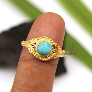Belle bague en turquoise naturelle d'Arizona, argent sterling 925, 8 mm rond, plaqué or 18 carats, vermeil éternel, bijoux bohèmes en argent - Product Image 3