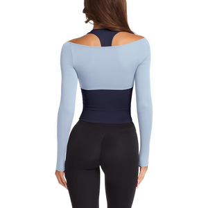 Haut de yoga à manches longues pour femme, color block, col en V profond, découpes, tenue de sport, manches complètes, Spandex Polyester - Product Image 5