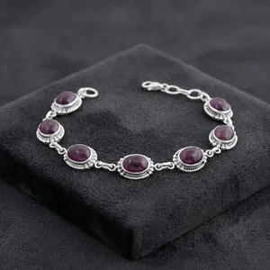 Bracelet à maillons en pierres précieuses ovales en grenat naturel, argent sterling 925, fait main, bijoux élégants vintage - Product Image 4