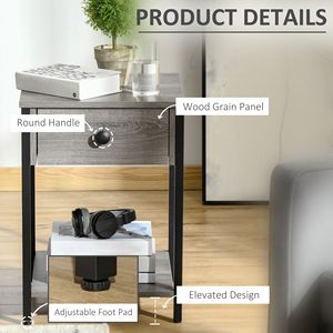 Tavolino Laterale Industriale Grigio con Ripiano e Cassetto per Soggiorno o Camera da Letto - Product Image 5