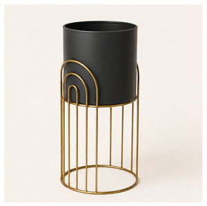 Modern Stylish Metal Indoor <b>Plant</b> Stand Set with Matte Black Pots & Gold Geometric Wire <b>Frames</b> for Luxury Living Room - Product Image 2