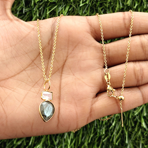 Natural Rainbow Elegant Moonstone Fire Labradorite Bezel Set Pendant Charms Brass 18k Gold Plated Fashion Chain Style Necklace - Product Image 3
