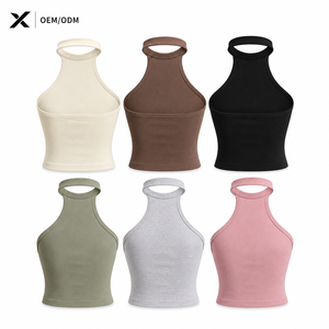 Camisetas sin mangas de cuello halter de color liso para mujer, transpirables, de punto, deportivas, ecológicas, de secado rápido, longitud regular, OEM, de algodón en la parte delantera - Product Image 3