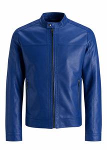 Blouson moto unisexe en cuir PU bleu, col rabattable, fermeture éclair, coupe ajustée, manches classiques, couleur unie, vêtement d'hiver, séchage rapide - Product Image 6