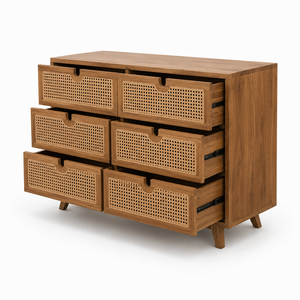 Teak Wood Rattan Dresser 6 Drawer Wooden <b>Storage</b> Cabinet Natural Cane Webbing <b>Sideboard</b> Solid Wood Bedroom Furniture Indonesia - Product Image 3