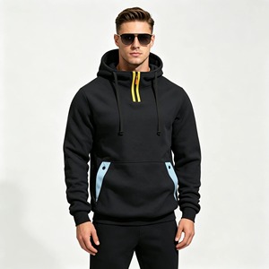 <b>Men's</b> Hooded <b>Sweatshirt</b> <b>Black</b> With Light Blue Pocket Panels Regular Fit Casual Autumn Wear 100% Polyester French Terry 2027 - Product Image 1