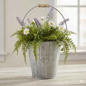 Maceta de Metal de Estilo Clásico con Asa, Diseño Rústico con Nervaduras Verticales, Maceta de Estaño Galvanizado Natural para Jardín y Decoración del Hogar - Product Image 3