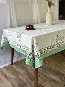 Nappe de luxe faite à la main en coton et lin, imprimée à la main avec motifs floraux, personnalisable, durable, écologique, avec bordure blanche et verte, style pastoral - Product Image 3