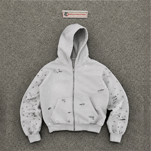 Customized Vintage Light Gray Distressed Zip Hoodie Oversized Streetwear <b>Men</b> Rhinestone Detail French Terry Hooded Embroidered - Product Image 5