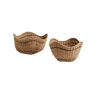 Handmade Rattan Storage Baskets Set Of 2 Bohemian Woven Round Natural Fiber Organizers For Living Room Decor - Product Image 1